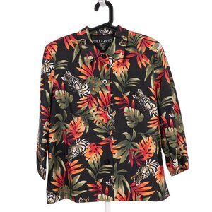 Silkland Button Up Shirt 12 Womens Zebra Tropical Palm Branch Black Green Orange